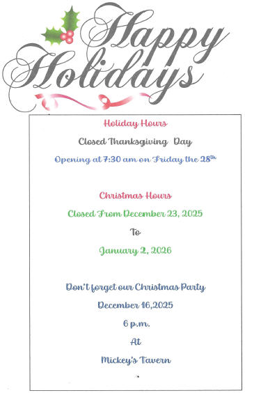 2025 HOLIDAY HOURS
